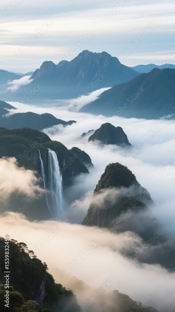 Obraz premium Majestic Mountain Peaks Emerging from a Sea of Clouds with Waterfall