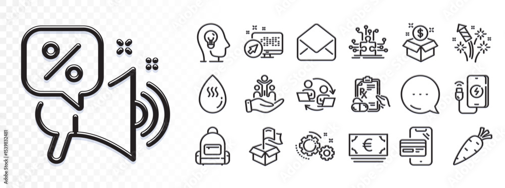 Fototapeta premium Euro currency, Prescription drugs and Puzzle options line icons for web app. Glare of light effect. Message icon. Pack of Teamwork process, Delivery location, Hot water pictogram icons. Vector