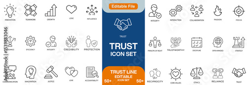 Trust line editable icon set. Containing trustworthy, confidence, credibility, promise, friends, truth, faith, honesty, core values, and more. Vector illustration