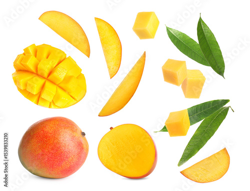 Tasty fresh mango fruits and green leaves on white background, collage
