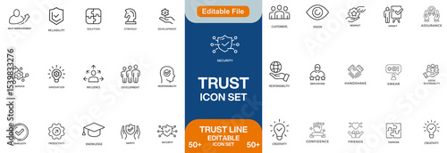 Trust line editable icon set. Containing trustworthy, confidence, credibility, promise, friends, truth, faith, honesty, core values, and more. Vector illustration