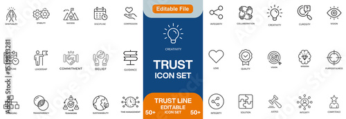 Trust line editable icon set. Containing trustworthy, confidence, credibility, promise, friends, truth, faith, honesty, core values, and more. Vector illustration