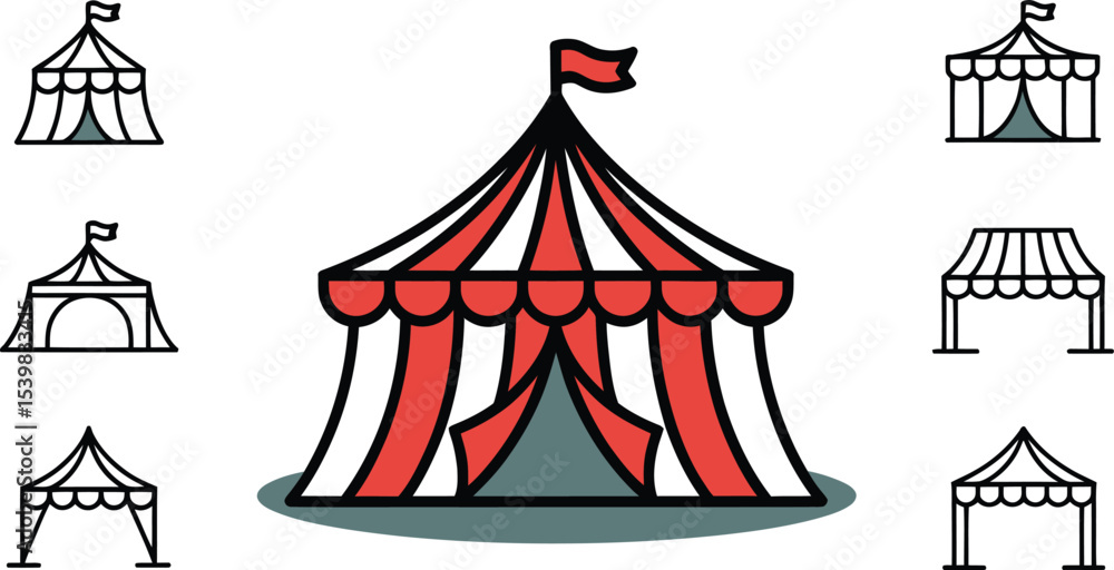 Fototapeta premium Illustration featuring a central red and white striped circus tent surrounded by tent icons on gray