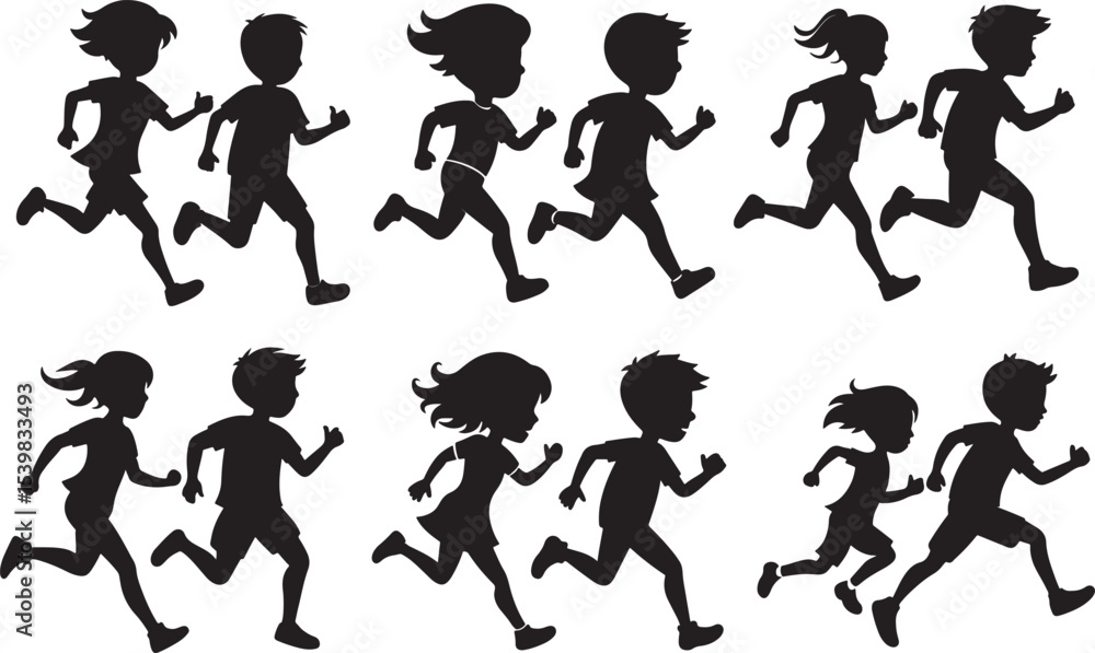 Naklejka premium set of running kids silhouette, black and white silhouette, vector and illustration