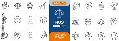 Trust line editable icon set. Containing trustworthy, confidence, credibility, promise, friends, truth, faith, honesty, core values, and more. Vector illustration