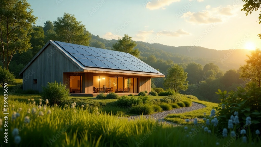 Fototapeta premium Solar powered house in green countryside