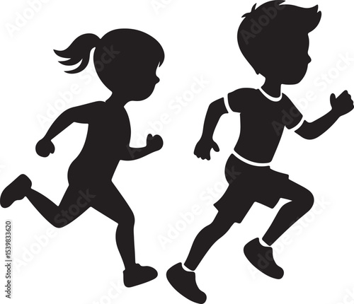 running kids silhouette, black and white silhouette, vector and illustration