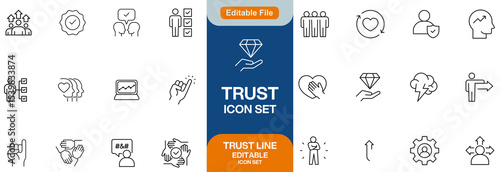 Trust line editable icon set. Containing trustworthy, confidence, credibility, promise, friends, truth, faith, honesty, and more. Vector illustration