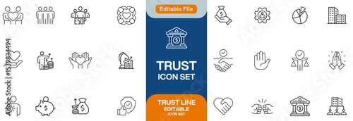 Trust line editable icon set. Containing trustworthy, confidence, credibility, promise, friends, truth, faith, honesty, and more. Vector illustration