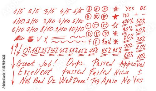 Exam grade marks doodle style set. School test results different hand drawn sings. Teacher scores of student homework. Vector handwritten scribble academic rating symbols isolated on white background.