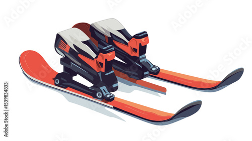 A digital illustration depicting a pair of children's skis.  The skis are predominantly orange with black accents. The ski bindings are black with hints of orange and grey.