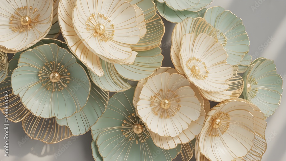 Obraz premium Illustration featuring a close-up look at beautiful, texture-rich plants and flowers in white, palest orange and palest green