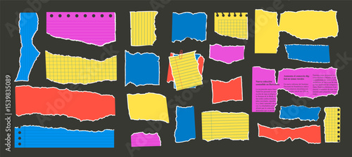 Set of torn edges vibrant papers. Tear sheet punk pieces pack. Note uneven texture stickers badges. Blanks for messages memo. Scrapbooking small paper. Vector hand drawn collection illustration.