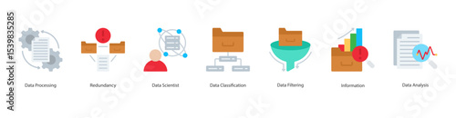 Data Processing banner web icon set vector illustration concept with icon of data processing, redundancy, data scientist, data classification, data filtering, information, data analysis