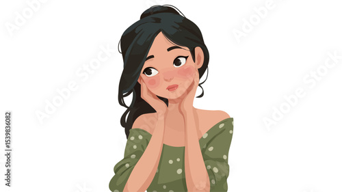 A digital illustration of a young woman with dark hair pulled back in a ponytail. She is wearing an olive green off-the-shoulder dress with small white dots. Her expression is pensive