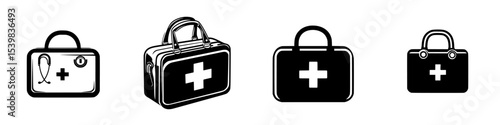 Set of black first aid kit icons depicting various styles and designs for medical use and emergency preparedness