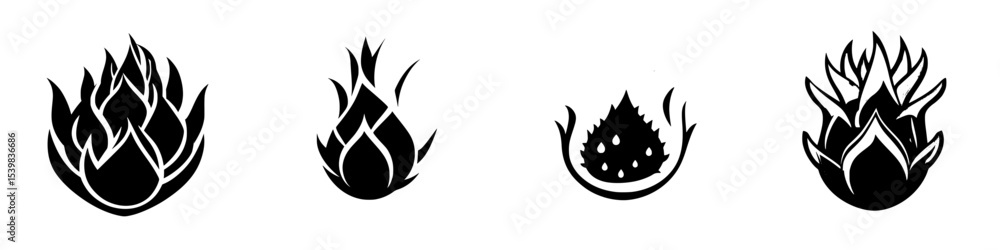 Set of four black icons representing various plant forms, showcasing unique designs and styles in stark contrast Set of four black icons representing various plant forms, showcasing unique designs and styles in stark contrast