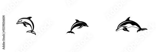 Stylized black icons of dolphins in various playful poses against a white background