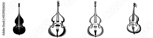 Set of black musical icons representing different styles of string instruments in a simple design