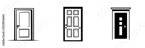 Set of black door icons showcasing various designs suitable for digital illustrations or graphic projects