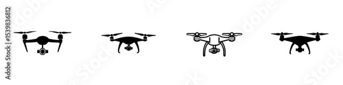 Four black drone icons showcasing different designs and perspectives for various applications in technology and innovation