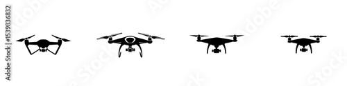 Black icon set featuring various drone designs for digital use in tech-related graphics or presentations