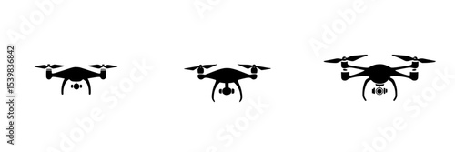Set of three black drone icons in minimalist design for digital applications