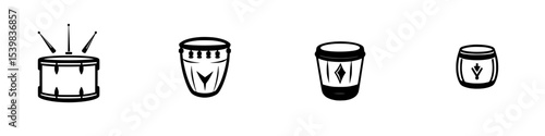 Set of four black icons representing different types of drums and percussion instruments created in a minimalist style