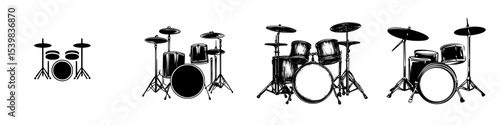 Various sizes of black drum sets arranged in different configurations showcasing musical instruments for drummers