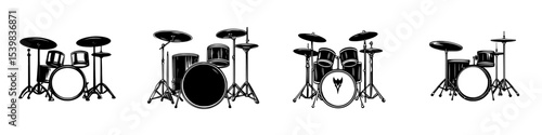 Set of black drum icons showcasing various styles of drum kits for design and musical illustration purposes