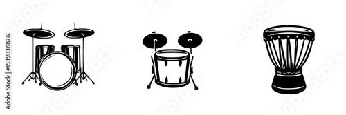 Black icon set of various drum types including a drum kit, snare drum, and djembe, ideal for music-related designs