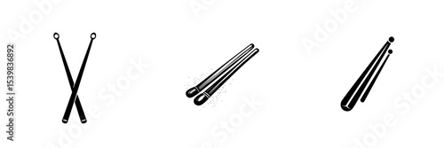 Black icon set featuring various drumsticks with distinct designs for music-related projects