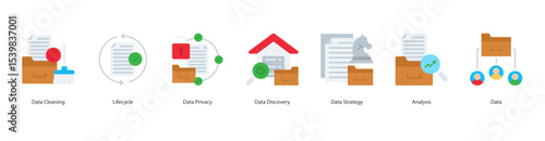 Data Strategy banner web icon set vector illustration concept with icon of data cleaning, lifecycle, data privacy, data discovery, data strategy, analysis, data