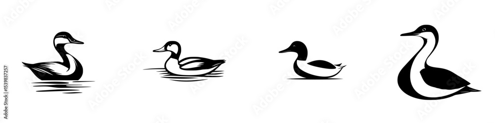 Obraz premium Set of black icons depicting ducks in various poses and orientations, suitable for use in design projects or illustrations