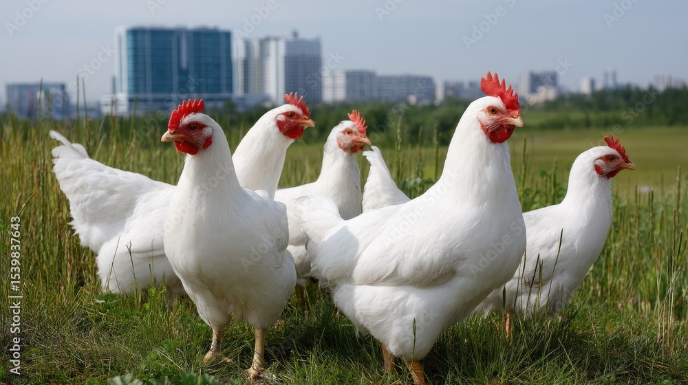 Fototapeta premium A lively flock of white hens pecks in a sunny meadow, their cheerful movements set against distant buildings