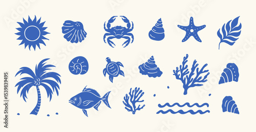 Minimalist hand-drawn vector set inspired by Italian coastal summers. Abstract blue silhouettes of palm tree, lemon, sun, sea, fish, and seashells—perfect for travel themes and Mediterranean vibes.