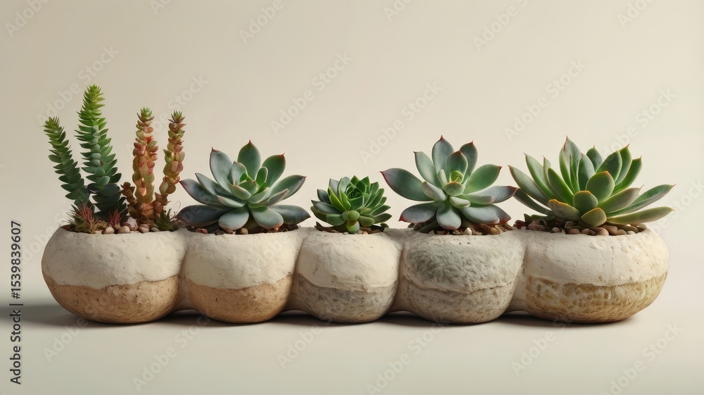 Row of earthy handcrafted planters holding verdant succulents sits serenely against a neutral backdrop, evoking peaceful desert vibes Row of earthy handcrafted planters holding verdant succulents sits serenely against a neutral backdrop, evoking peaceful desert vibes