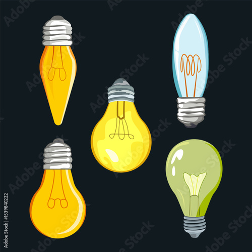 Collection of multi-colored electric bulbs. Vector illustration for creative projects.