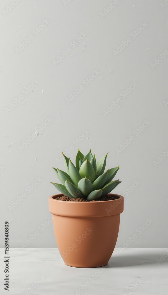 Fototapeta premium Emerald rosette resting serenely in terracotta home, a miniature desert oasis on the cool grey table
