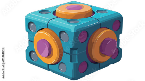 A digital illustration of a cube-shaped puzzle toy. The cube is composed of multiple smaller, interlocking components in shades of teal, purple, orange, and yellow. 