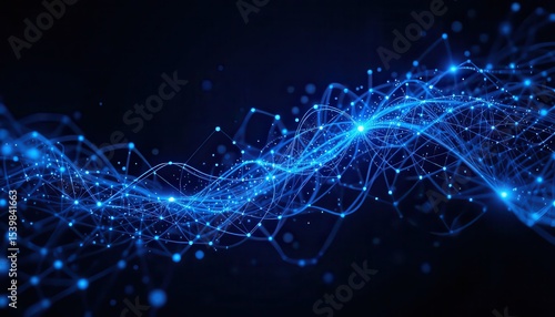 Abstract blue network of connected dots and lines on a dark background with light effects