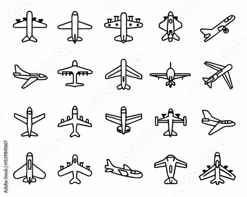 Airplane vector icon set aviation aircraft transportation travel flight silhouette outline design collection 100