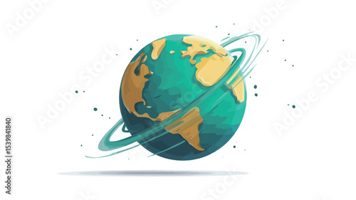 A stylized illustration of a rotating Earth, depicted in a watercolor-like style with teal and gold hues. The planet is shown with two teal rings orbiting around it, creating a sense of movement.
