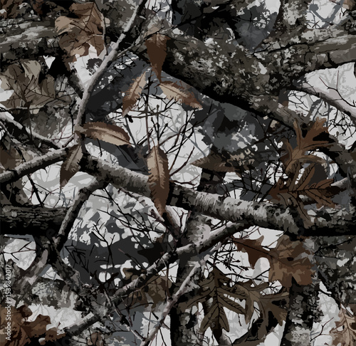 Realistic forest camouflage. Seamless pattern. Conifer tree, branches and leaves. Useable for hunting and military purposes.