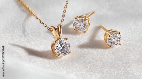 Elegant gold jewelry set with diamond ring, earrings, and pendant on white background