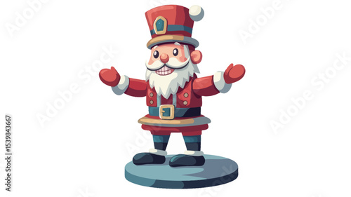 A digital illustration of a cartoon nutcracker figurine. The figurine is depicted in a red and gold uniform, with a tall hat, white gloves, and a jovial expression. It stands on a circular base,