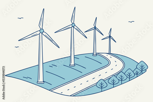 Wind turbines on a hillside with winding road