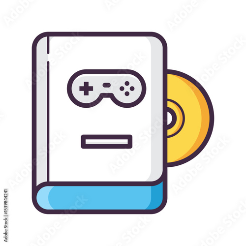 Illustration of a game manual with a controller icon and a game disc sticking out the side