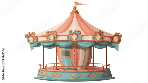 A digital illustration depicting a vintage-style carousel.  The carousel is rendered in shades of pink and teal, with a striped conical roof and decorative details. The image has a clean, crisp