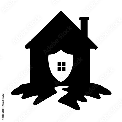 House silhouette with shield overlay and cracked ground, earthquake insurance protection